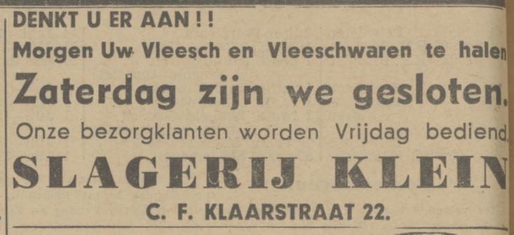 C.F. Klaarstraat 22 Slagerij Klein advertentie Tubantia 13-8-1942.jpg