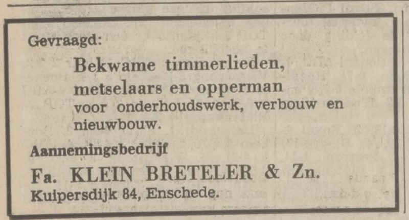 Kuipersdijk 84 Aannemingsbedrijf Fa. Klein Breteler & Zn. advertentie Tubantia 29-10-1968.jpg