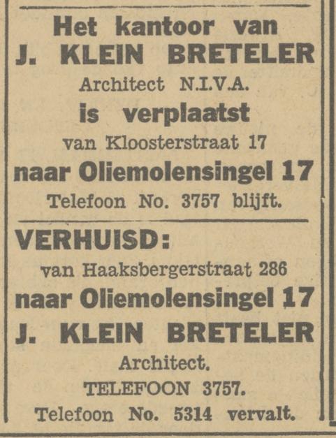 Oliemolensingel 17 Architect J. Klein Breteler advertentie Tubantia 12-8-1933.jpg
