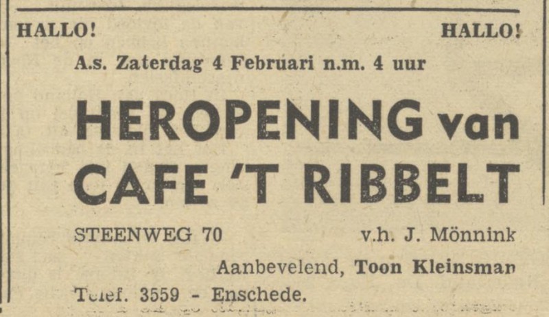 Steenweg 70 cafe 't Ribbelt Toon Kleinsman advertentie Tubantia 3-2-1950.jpg