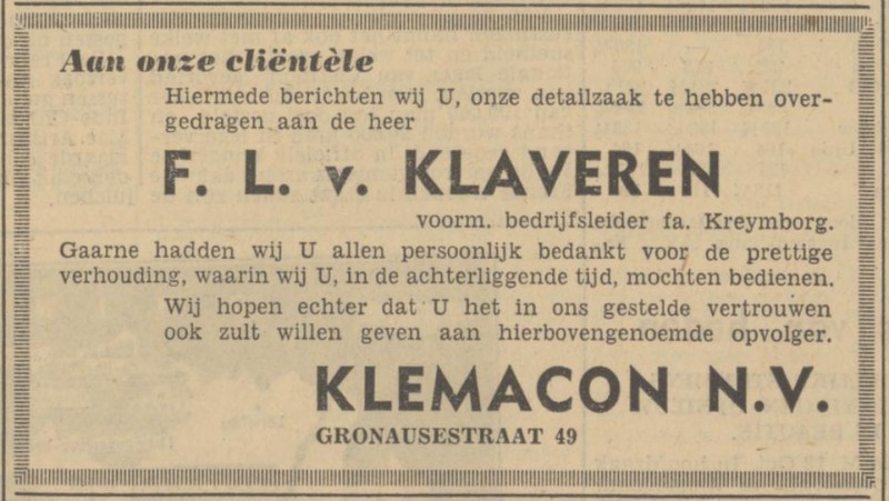 Gronausestraat 49 Klemacon N.V. advertentie Tubantia 13-10-1950.jpg