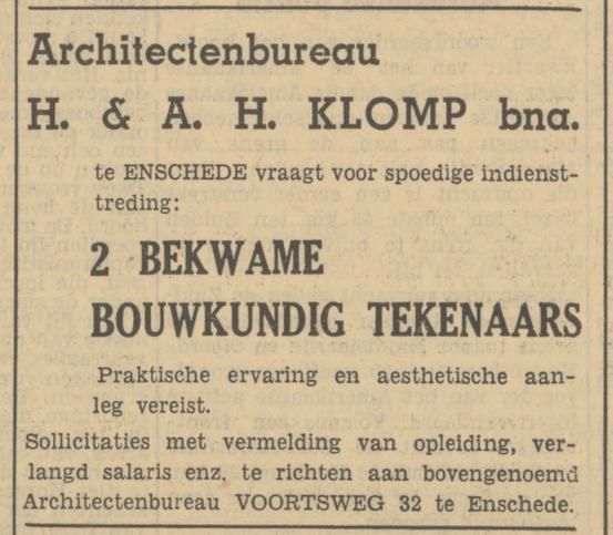 Voortsweg 32 Architectenbureau H. & A.H. Klomp advertentie Tubantia 26-10-1950.jpg