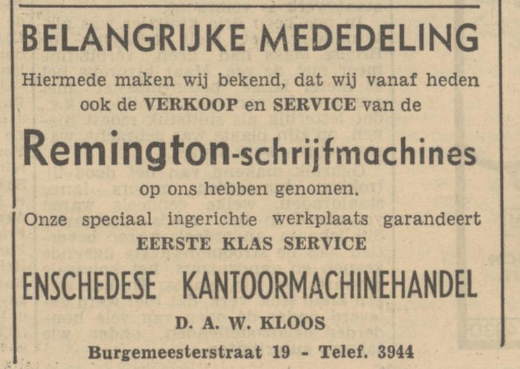 Burgemeesterstraat 19 D.A.W. Kloos  advertentie Tubantia 4-7-1950.jpg