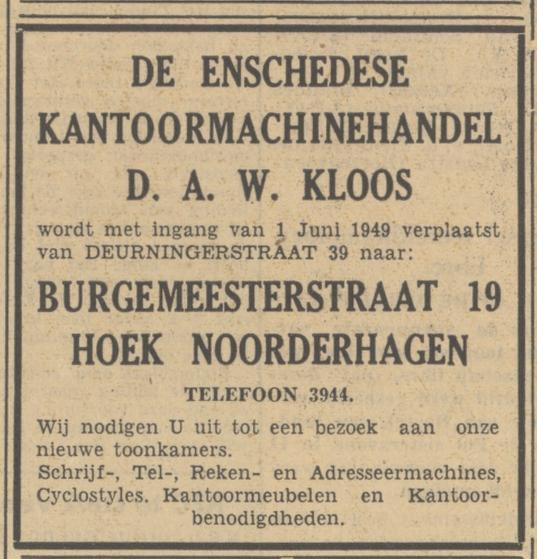 Burgemeesterstraat 19 hoek Noorderhagen D.A.W. Kloos  advertentie Tubantia 30-5-1949.jpg