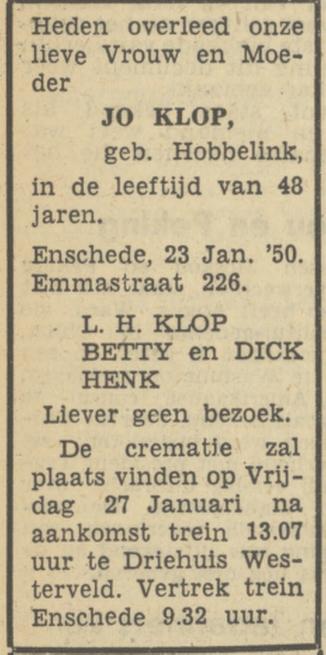 Emmastraat 226 L.H. Klop advertentie Tubantia 24-1-1950.jpg