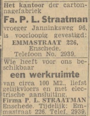 Emmastraat 226 tijdelijk kantoor cartonnagefabriek Fa. P.L. Straatman advertentie Twentsch nieuwsblad 26-2-1944.jpg