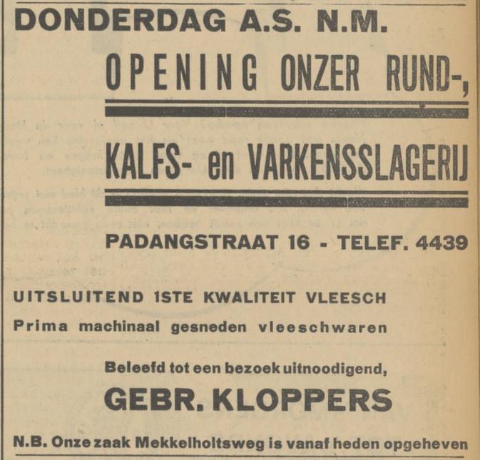 Padangstraat 16 Gebr. Kloppers slagerij advertentie Tubantia 2-10-1935.jpg