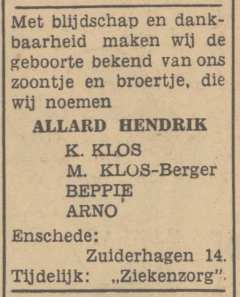 Zuiderhagen 14 K. Klos advertentie Tubantia 23-9-1948.jpg
