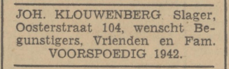 Oosterstraat 104 Joh. Klouwenberg slager advertentie Tubantia 31-12-1941.jpg
