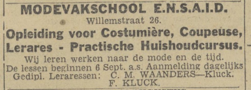 Willemstraat 26 Modevakschool Kluck advertentie Twentsch nieuwsblad 26-8-1943.jpg