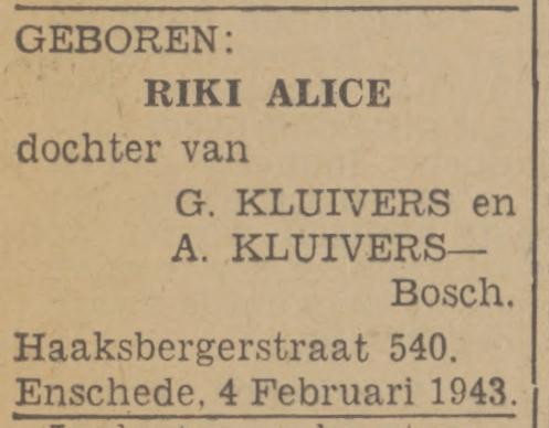 Haaksbergerstraat 540 G. Kluivers advertentie Twentsch nieuwsblad 5-2-1943.jpg