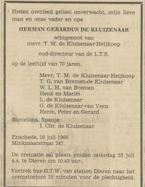 Minkmaatstraat 247 H.G. de Kluizenaar overlijdensadvertentie Tubantia 20-7-1966.jpg