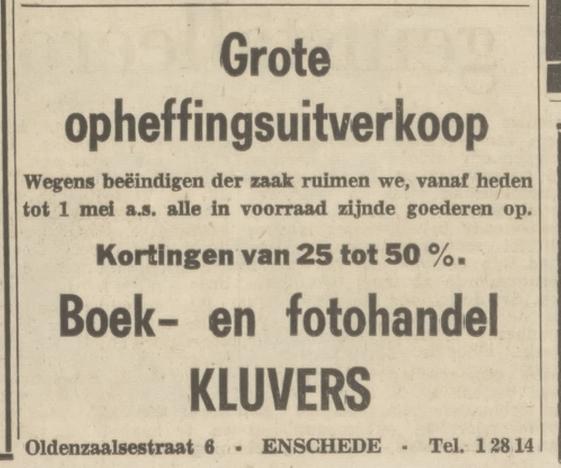 Oldenzaalsestraat 6 Boek- en fotohandel Kluvers advertentie Tubantia 14-3-1970.jpg