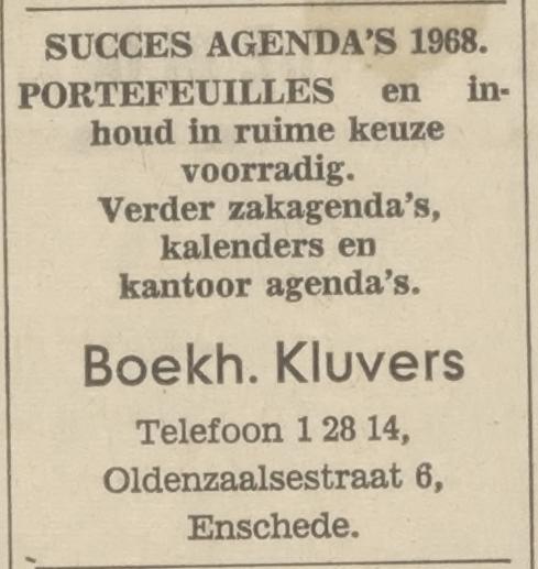 Oldenzaalsestraat 6 Boekhandel Kluvers advertentie Tubantia 27-11-1967.jpg