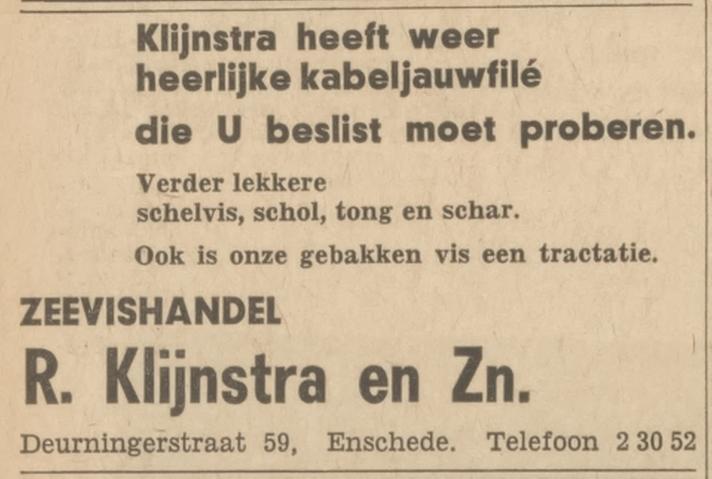 Deurningerstraat 59 Zeevishandel R. Klijnstra en Zn. advertentie Tubantia 9-2-1966.jpg