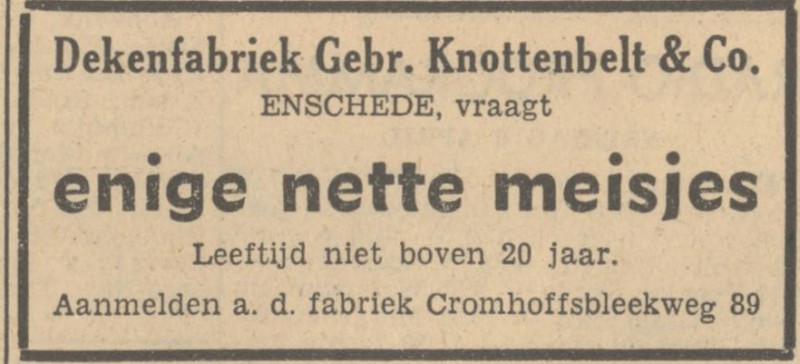 Cromhoffsbleekweg 89 Dekenfabriek Gebr. Knottenbelt & Co. advertentie Tubantia 5-4-1951.jpg