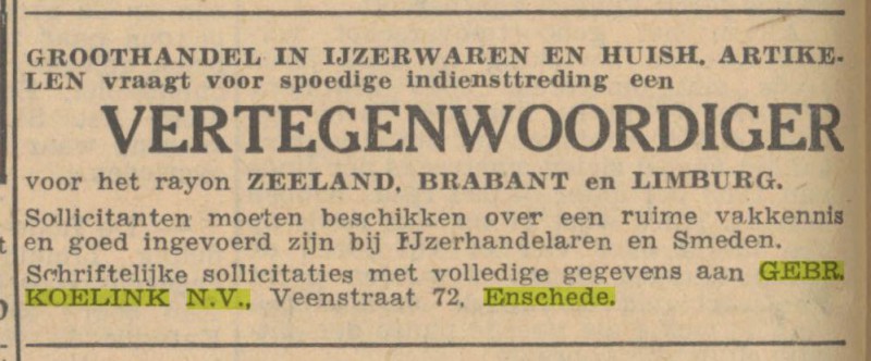 Veenstraat 72 Gebr. Koelink N.V. advertentie Algemeen Handelsblad 4-2-1953.jpg