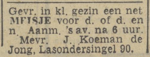 Lasondersingel 90 Mevr. J. Koeman de Jong advertentie Twentsch nieuwsblad 20-8-1943.jpg