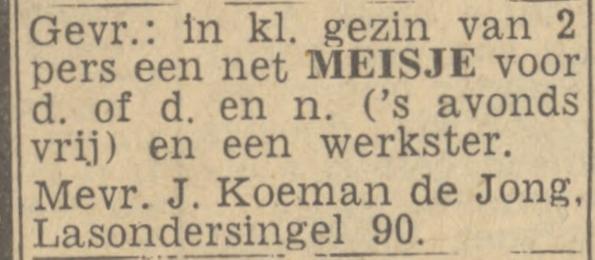 Lasondersingel 90 Mevr. J. Koeman de Jong advertentie Twentsch nieuwsblad 17-1-1944.jpg