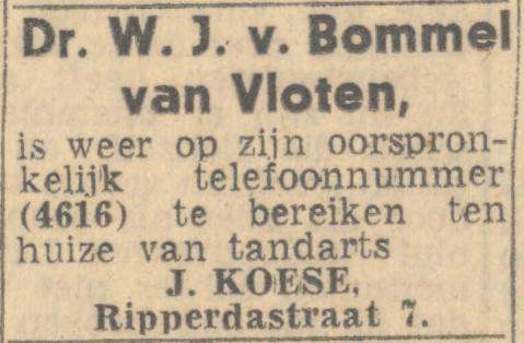 Ripperdastraat 7 J. Koese tandarts advertentie Twentsch nieuwsblad 28-7-1944.jpg