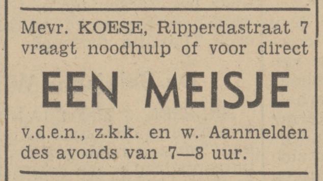 Ripperdastraat 7 Mevr. Koese advertentie Tubantia 3-3-1941.jpg