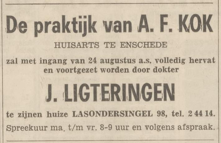 Lasondersingel 98 A.F. Kok huisarts advertentie Tubantia 8-8-1967.jpg