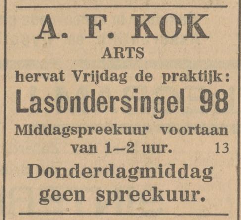 Lasondersingel 98 A.F. Kok Arts advertentie Tubantia 21-11-1929.jpg