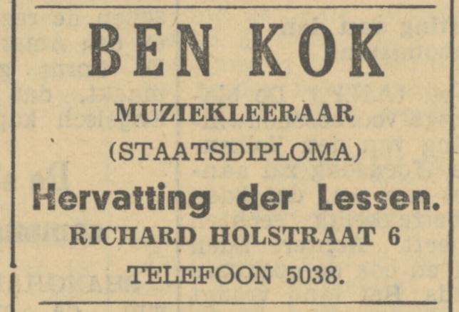 Richard Holstraat 6 Ben Kok muziekleeraar advertentie Tubantia 2-9-1935.jpg