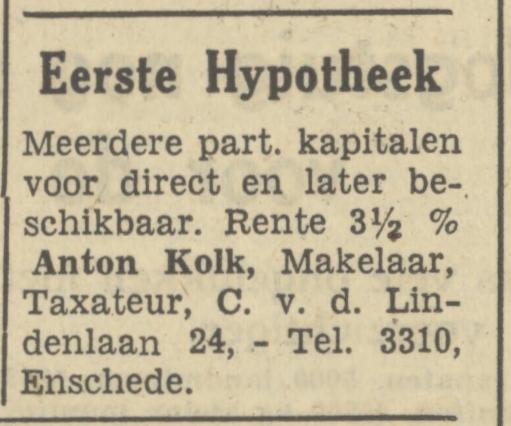 Cort van der Lindenlaan 24 Makelaar Taxateur Anton Kolk advertentie Tubantia 8-3-1950.jpg