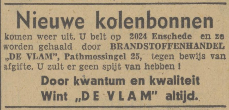 Pathmossingel 25 brandstoffenhandel De Vlam advertentie Tubantia 1-5-1948.jpg