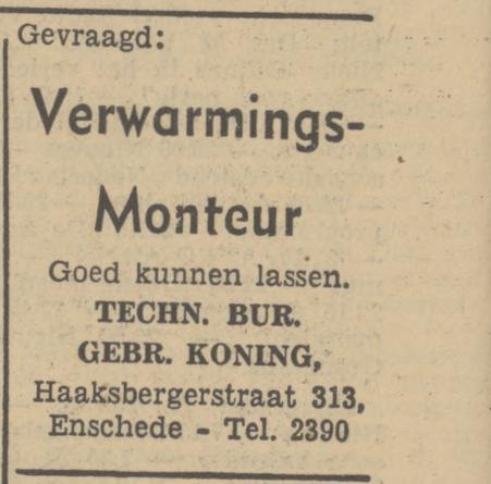 Haaksbergerstraat 313 Gebr. Koning Techn Bureau advertentie Tubantia 22-1-1951.jpg