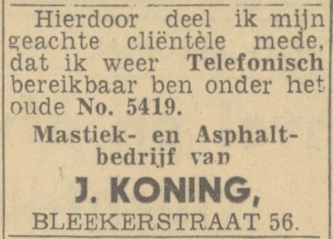 Blekerstraat 56 J. Koning mastiek- en asphaltbedrijf advertentie Twentsch nieuwsblad 16-3-1944.jpg