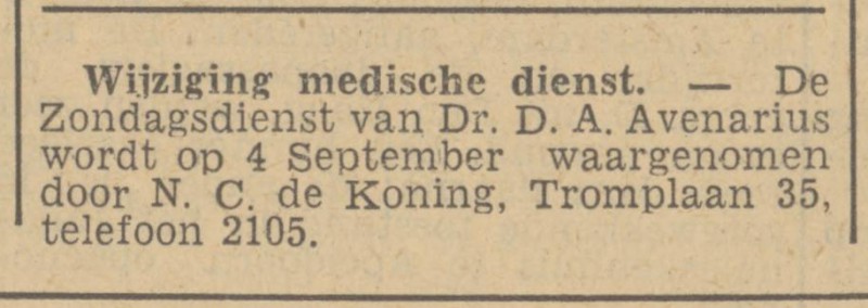 M.H. Tromplaan 35 N.C. de Koning arts advertentie Tubantia 3-9-1949.jpg