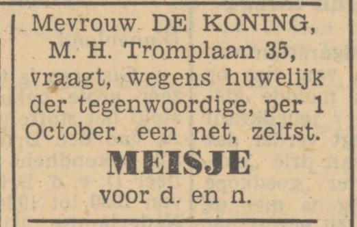 M.H. Tromplaan 35 Mevr. de Koning advertentie Tubantia 6-9-1950.jpg
