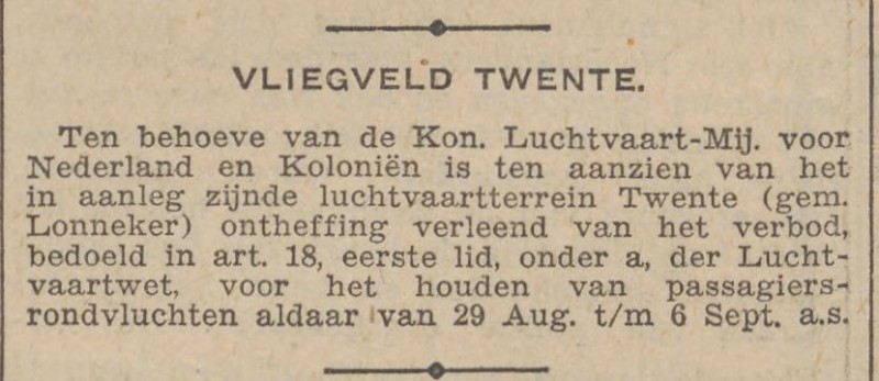Vlegveld Twente Kon. Luchtvaart Mij. voor Nederland en Koloniën. krantenbericht Alg. Handelsblad 19-8-1931.jpg