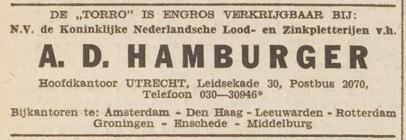 Walstraat 63 N.V. de Koninklijke Nederlandsche Lood- en zinkpletterijen v.h. A.D. Hamburger N.V. advertentie Het vrije volk 3-10-1958.jpg