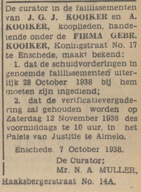 Koningstraat 17 A. Kooiker advertentie Tubantia 7-10-1938.jpg