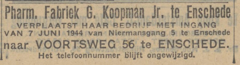 Voortsweg 56 Pharm. Fabriek G. Koopman Jr. advertentie Algemeen Handelsblad 10-6-1944.jpg