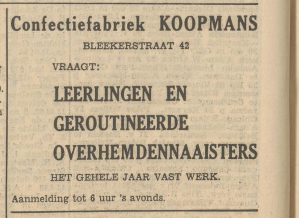 Blekerstraat 42 Confectiefabriek Koopmans advertentie Tubantia 31-5-1951.jpg