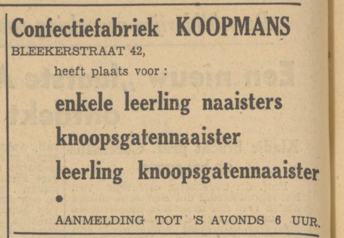 Blekerstraat 42 Confectiefabriek Koopmans advertentie Tubantia 6-12-1949.jpg