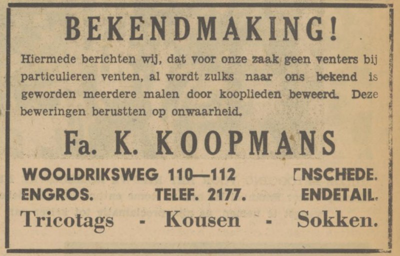 Wooldriksweg 110-112 Fa. K. Koopmans advertentie Tubantia 13-5-1936.jpg