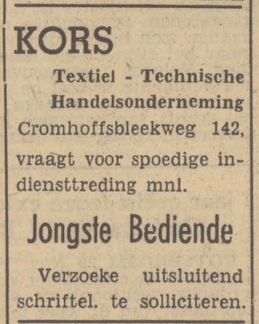 Cromhoffsbleekweg 142 Kors Textiel- Technische Handelsonderneming advertentie Tubantia 28-11-1950.jpg