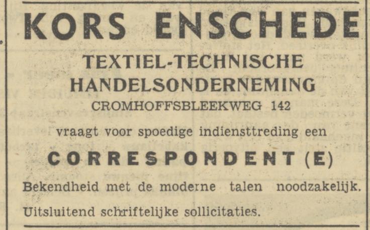 Cromhoffsbleekweg 142 Kors Textiel- Technische Handelsonderneming advertentie Tubantia 22-6-1950.jpg