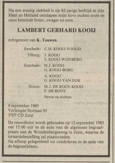 L.G. Kooij overlijdensadvertentie Nederlands dagblad gereformeerd gezinsblad 11-9-1985.jpg
