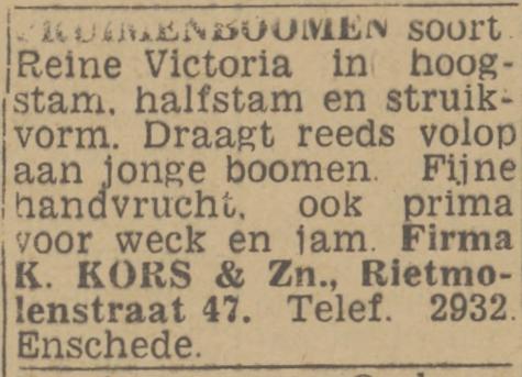 Rietmolenstraat 47 Fa. K. Kors & Zn. advertentie Twentsch nieuwsblad 13-4-1943.jpg