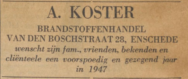 Van den Boschstraat 28 A. Koster Brandstoffenhandel advertentie Trouw 31-12-1946.jpg