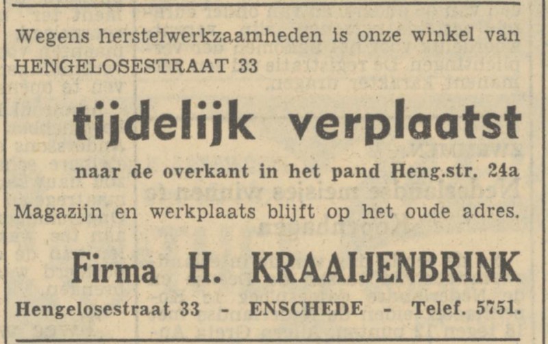 Hengelosestraat 33 Fa. H. Kraaijenbrink advertentie Tubantia1-11-1951.jpg