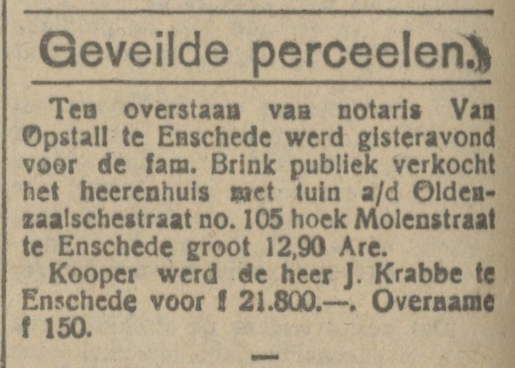 Oldenzaalsestraat 105 hoek Molenstraat J. Krabbe krantenbericht Tubantia 10-12-1918.jpg