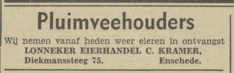 Diekmanssteeg 75 C. Kramer Lonneker Eierhandel advertentie Tubantia 19-10-1946.jpg