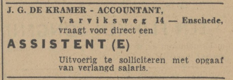 Varviksweg 14 J.G. de Krammer accoountant advertentie Tubantia 5-1-1948.jpg